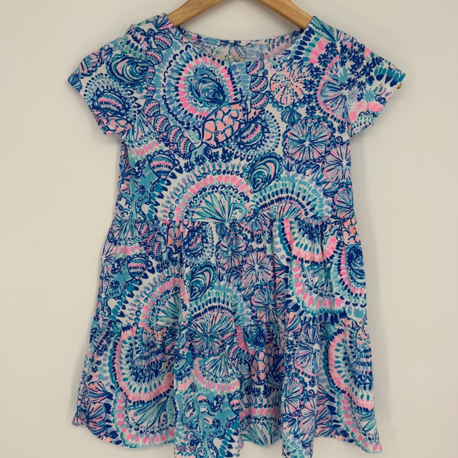 Lilly Pulitzer Girls Geanna Dress 6/7 Commotion In The Ocean Pink Tiered